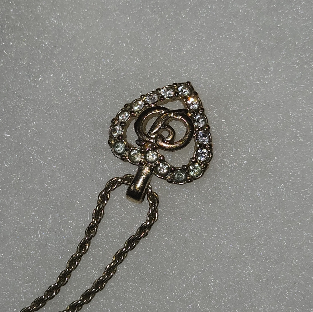 Vintage Christian Dior Gold Tone Rhinestone CD Heart Necklace - Picture 7 of 8